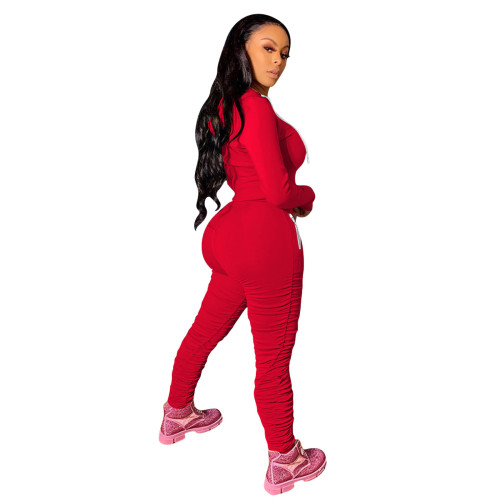 Red Active Hooded Printed Letter Pleated Trousers Matching Sets with Zipper Pockets