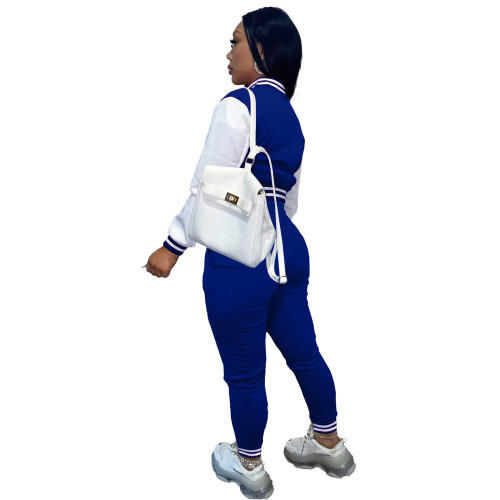 Blue/white Air Layer Active Contrast Color Printed Letter Baseball Sports Tracksuit Set