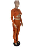 Sexy Casual Solid Orange Cross Hollowed Out Long Sleeve Two Pieces