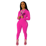 Rose Active Hooded Printed Letter Pleated Trousers Matching Sets with Zipper Pockets