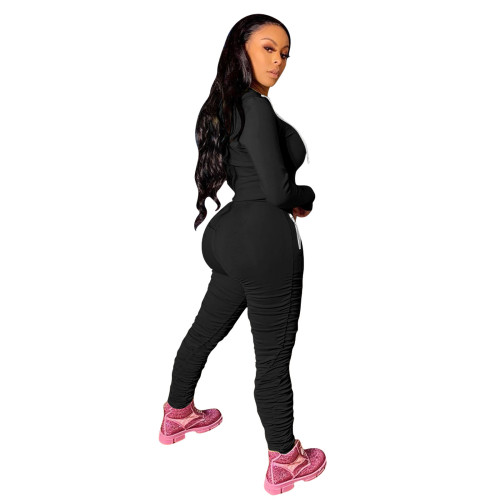 Black Active Hooded Printed Letter Pleated Trousers Matching Sets with Zipper Pockets