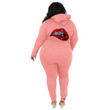 Fashion Pink Zip Up Sports Hot Drilling Mouth Women's Plus Size Long Sleeve Casual Hoodie Set