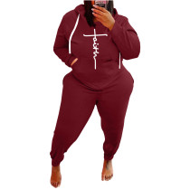 Plus Size Women's Wine Red Printed Letter Sports Sweatshirt Casual Wear Hoodie Two-piece Set Fat Lady