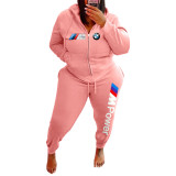 Women's Plus Size Casual Pink Sports Zip Up Printed Letter Hooded Sweatshirt Women Set with Pockets