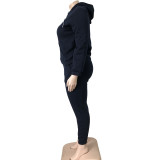 Plus Size Women's Dark Blue Printed Letter Sports Sweatshirt Casual Wear Hoodie Two-piece Set Fat Lady