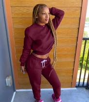 Autumn Winter Wine Red Hot Drilling Solid Casual Sportswear Set