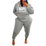Plus Size Ladies Casual Grey Sports Drawstring Printed Letter Hoodie Women Set with Pockets