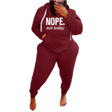 Plus Size Ladies Casual Wine Red Sports Drawstring Printed Letter Hoodie Women Set with Pockets