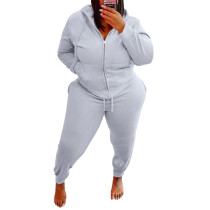 Fashion Grey Zip Up Sports Hot Drilling Mouth Women's Plus Size Long Sleeve Casual Hoodie Set
