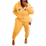 Women's Plus Size Casual Yellow Sports Zip Up Printed Letter Hooded Sweatshirt Women Set with Pockets