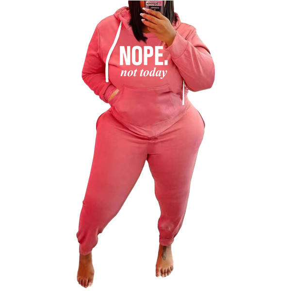 Plus Size Ladies Casual Pink Sports Drawstring Printed Letter Hoodie Women Set with Pockets