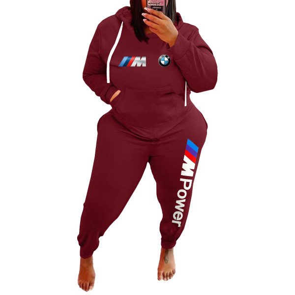 Women's Plus Size Casual Wine Red Sports Printed Letter Sweatshirt Hoodie Women Set with Pockets