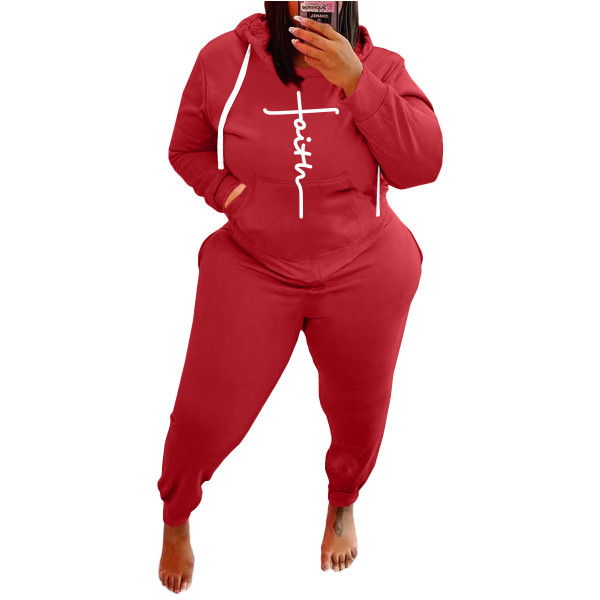 Plus Size Women's Red Printed Letter Sports Sweatshirt Casual Wear Hoodie Two-piece Set Fat Lady