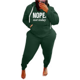 Plus Size Ladies Casual Army Green Sports Drawstring Printed Letter Hoodie Women Set with Pockets