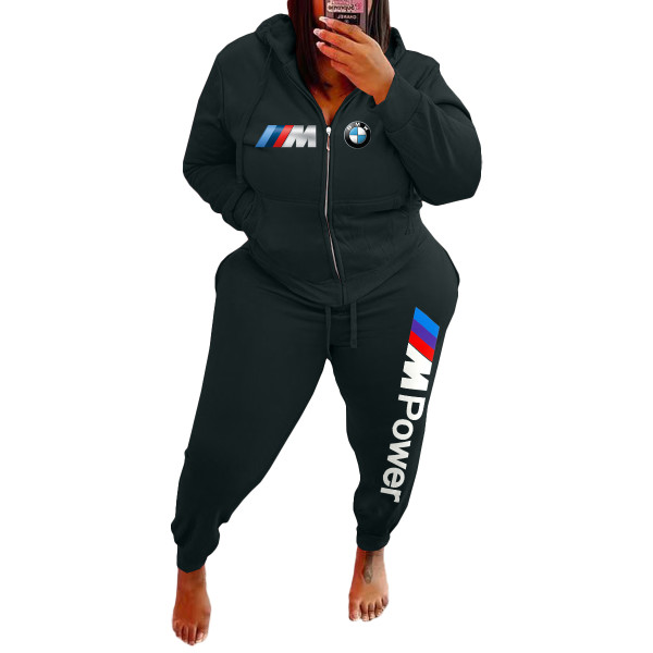 Women's Plus Size Casual Black Sports Zip Up Printed Letter Hooded Sweatshirt Women Set with Pockets