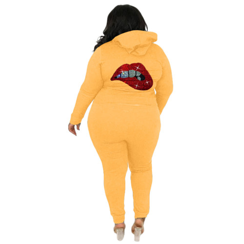 Fashion Yellow Zip Up Sports Hot Drilling Mouth Women's Plus Size Long Sleeve Casual Hoodie Set