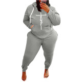 Plus Size Women's Grey Printed Letter Sports Sweatshirt Casual Wear Hoodie Two-piece Set Fat Lady