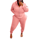 Fashion Pink Zip Up Sports Hot Drilling Mouth Women's Plus Size Long Sleeve Casual Hoodie Set