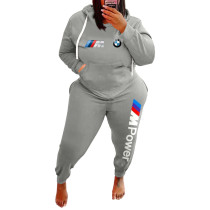 Women's Plus Size Casual Grey Sports Printed Letter Sweatshirt Hoodie Women Set with Pockets