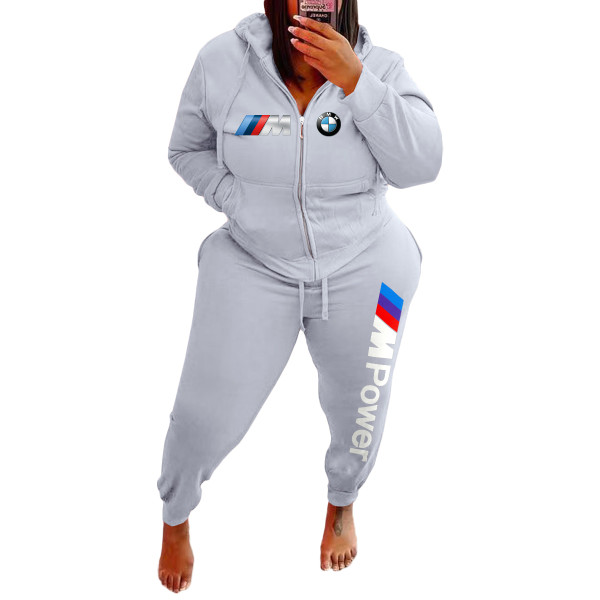 Women's Plus Size Casual Grey Sports Zip Up Printed Letter Hooded Sweatshirt Women Set with Pockets