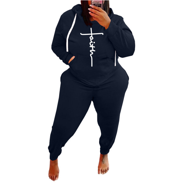 Plus Size Women's Dark Blue Printed Letter Sports Sweatshirt Casual Wear Hoodie Two-piece Set Fat Lady