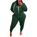 Plus Size Women's Army Green Printed Letter Sports Sweatshirt Casual Wear Hoodie Two-piece Set Fat Lady