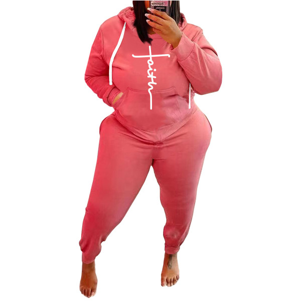 Plus Size Women's Pink Printed Letter Sports Sweatshirt Casual Wear Hoodie Two-piece Set Fat Lady