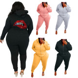 Fashion Grey Zip Up Sports Hot Drilling Mouth Women's Plus Size Long Sleeve Casual Hoodie Set
