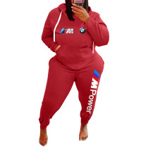 Women's Plus Size Casual Red Sports Printed Letter Sweatshirt Hoodie Women Set with Pockets