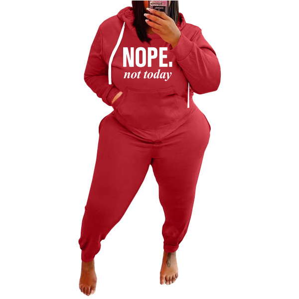 Plus Size Ladies Casual Red Sports Drawstring Printed Letter Hoodie Women Set with Pockets