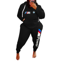 Women's Plus Size Casual Black Sports Printed Letter Sweatshirt Hoodie Women Set with Pockets