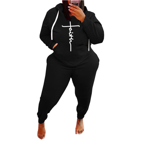 Plus Size Women's Black Printed Letter Sports Sweatshirt Casual Wear Hoodie Two-piece Set Fat Lady