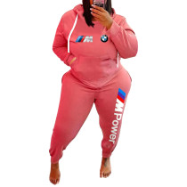 Women's Plus Size Casual Pink Sports Printed Letter Sweatshirt Hoodie Women Set with Pockets