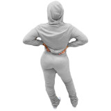 Casual Grey Hoodie 2 Pc Sports Embroidery Letter Sweatshirt Women Pant Set