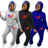 Casual Black Hoodie 2 Pc Sports Embroidery Letter Sweatshirt Women Pant Set
