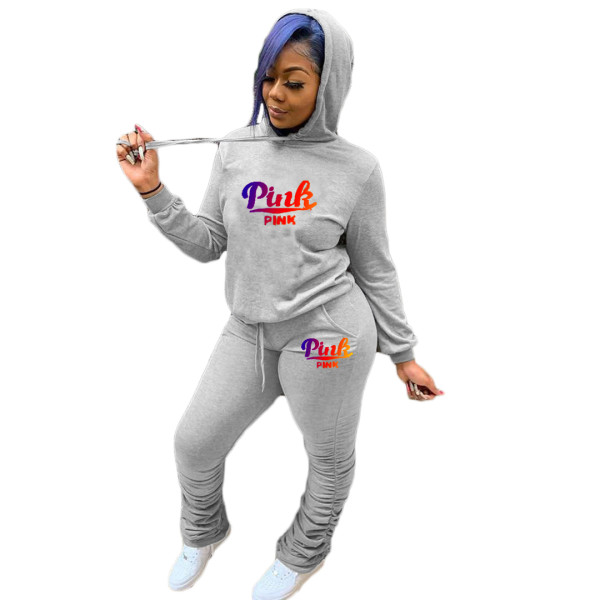 Casual Grey Hoodie 2 Pc Sports Embroidery Letter Sweatshirt Women Pant Set