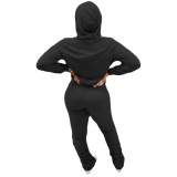 Casual Black Hoodie 2 Pc Sports Embroidery Letter Sweatshirt Women Pant Set