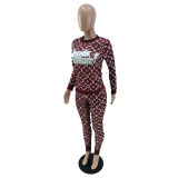 Casual Wine Red Printed Letter O Neck Pullover Women Pants Sets