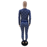 Casual Blue Printed Letter O Neck Pullover Women Pants Sets