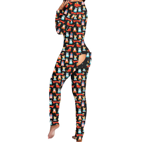 Casual Printed Cartoon Pajamas Deep V Long Sleeve Loungewear Jumpsuit for Women