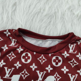 Casual Wine Red Printed Letter O Neck Pullover Women Pants Sets