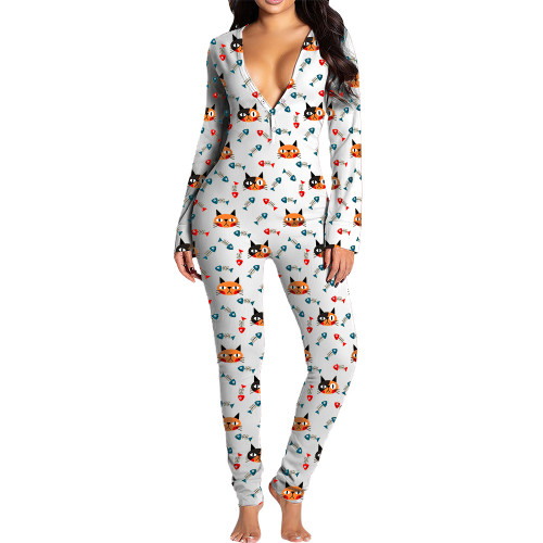 Casual Printed Cartoon Pajamas Deep V Long Sleeve Loungewear Jumpsuit for Women