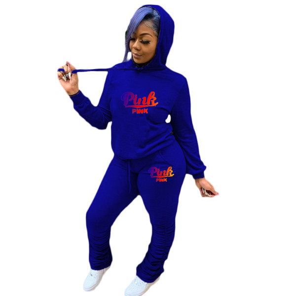 Casual Blue Hoodie 2 Pc Sports Embroidery Letter Sweatshirt Women Pant Set