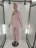 Pink Satin Three Piece Set Printed Long Sleeve Sexy Pajamas with Turban