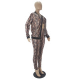 Casual Zipper Three Piece Set Snake Print Wrapped Long Sleeve Cardigan and Trousers