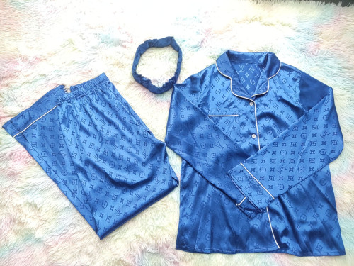 Dark Blue Satin Three Piece Set Printed Long Sleeve Sexy Pajamas with Turban