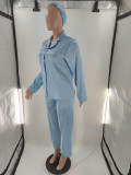 Light Blue Satin Three Piece Set Printed Long Sleeve Sexy Pajamas with Turban