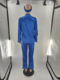 Dark Blue Satin Three Piece Set Printed Long Sleeve Sexy Pajamas with Turban