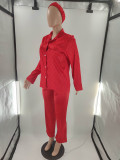 Red Satin Three Piece Set Printed Long Sleeve Sexy Pajamas with Turban