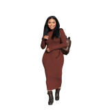 Casual Solid Brown Embroidered Turtleneck Zipper One Step Skirt Dresses